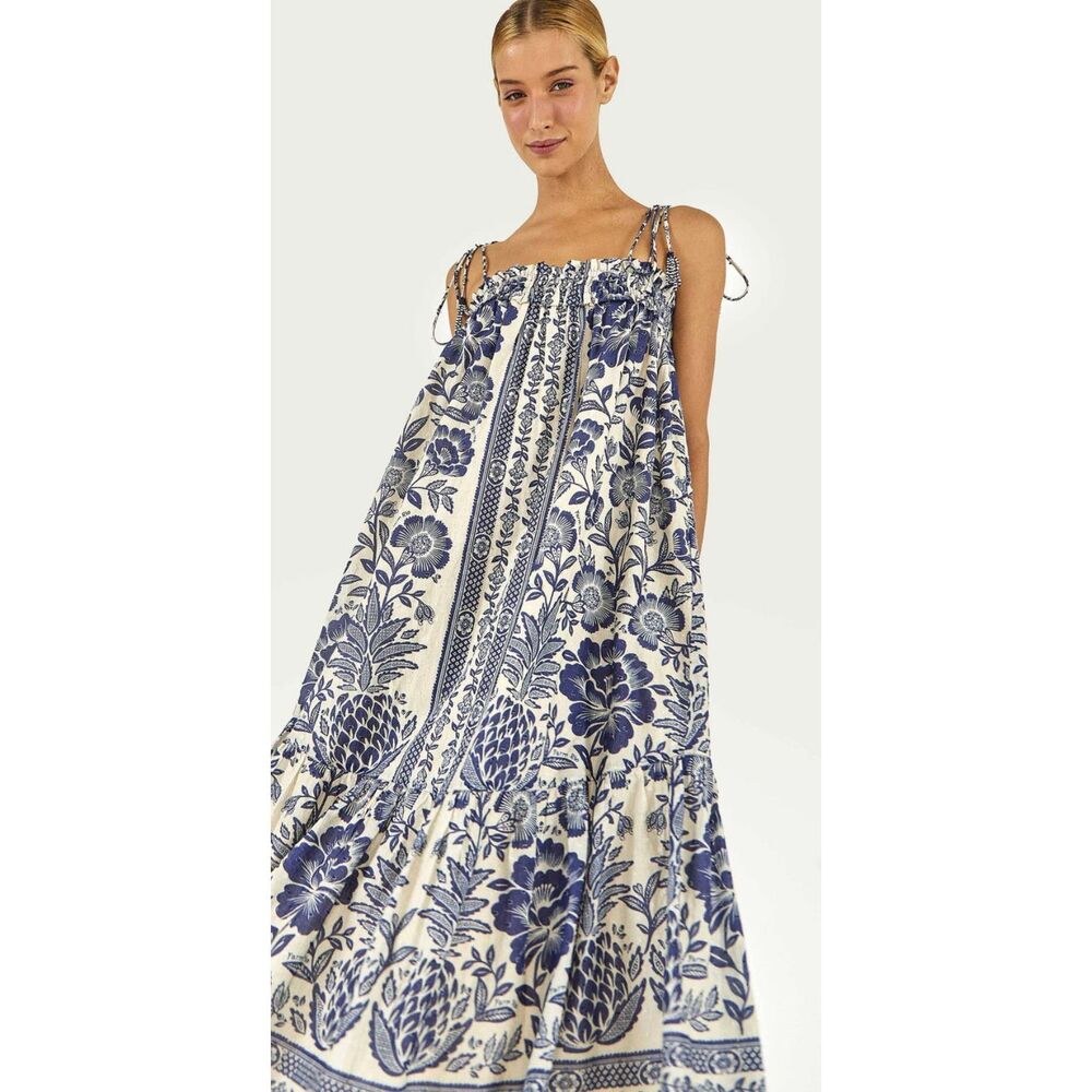 Farm Rio Blue Pineapple Garden Smocked Strap Midi Dress NWT XS $230 coastal smoc
